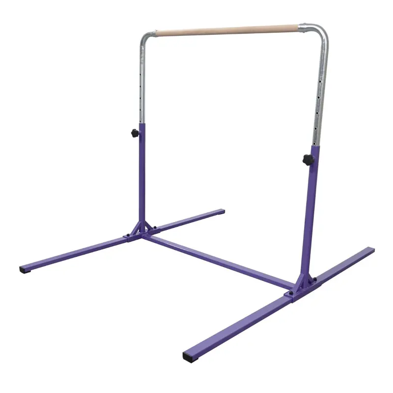Tumbl Trak Jr Kids Gymnastics Kip Bar, Heavy-Duty Powder-Coated Finish Steel Frame, 1.5in Solid Wood, Spring Pin Knobs, Rounded Corners, 38In - 56In Adjustable Height, 125 lbs Capacity, Purple Home Training Setup