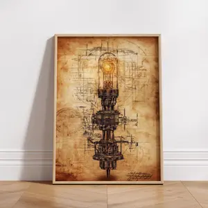 Vintage Industrial Patent Style Light Poster, Retro Wall Art, Unique Gift for Engineers, Steampunk Home Decor, Rustic Office Decoration