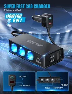 9 in 1 Car Charger 148W 3-Socket PD 30W and QC3.0 18W Charging Ports LED