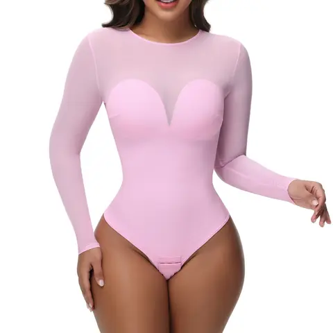 SHAPSHE Women's Long Sleeve Nylon Crew Neck Tight Bodysuit Faja - Corset Detail, Fitted Design, Abdominal Control, Body Contouring, for Party, Going-Out Wear, Tight Bodysuits