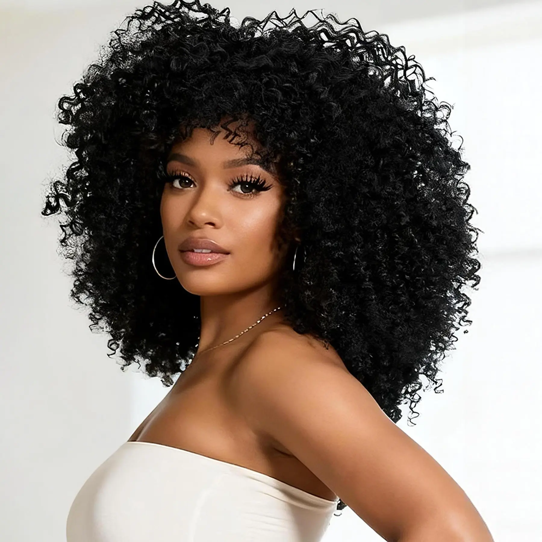 SummerVibes 16Inch Curly Wigs for Black Women Black Afro Bomb Curly Wig with Bangs Synthetic Fiber Glueless Long Kinky Curly Hair Heat Resistant Wig