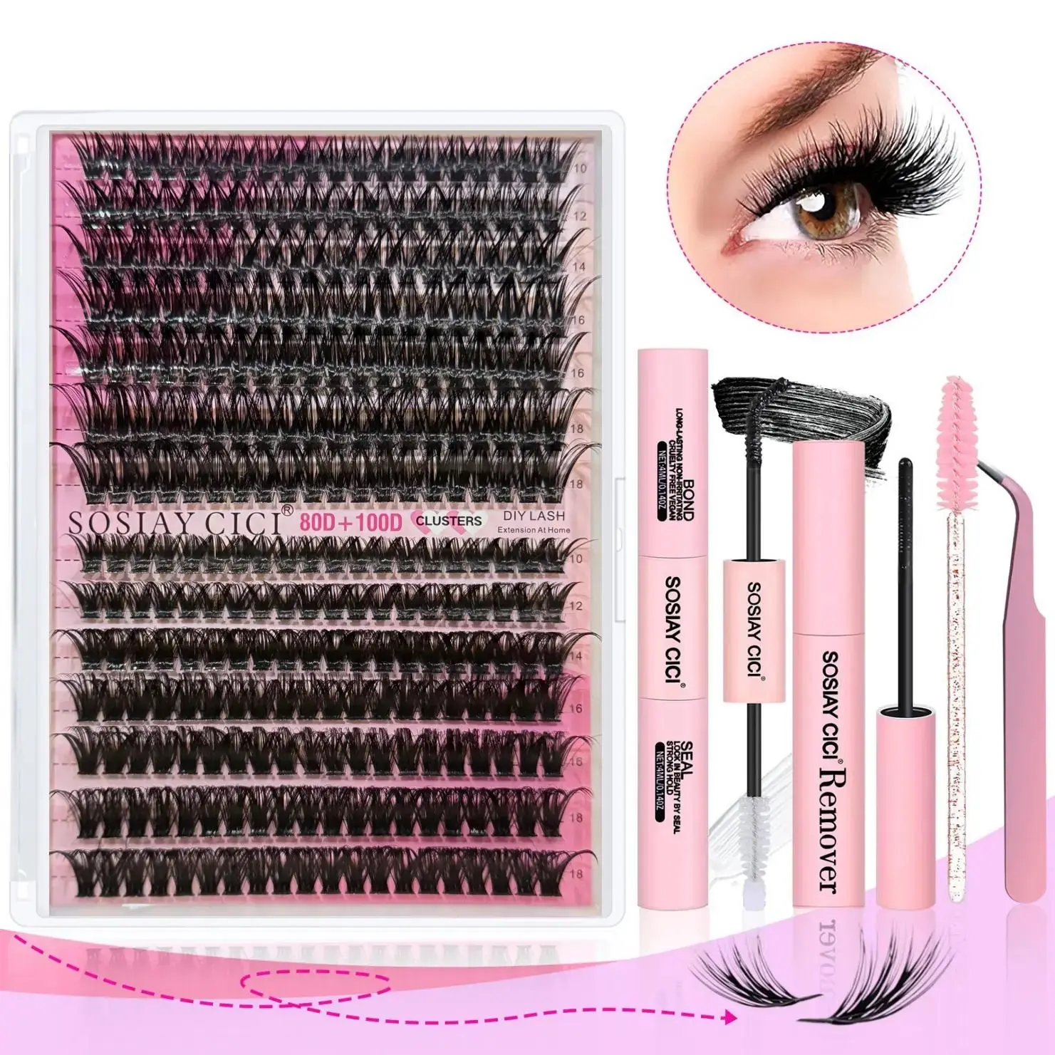 DIY Fluffy C-Curl & D-Curl Volumized Cluster Lash Extension Kit, 80D-100D Lengthlock Tech, 10-18mm Wispy Lashes, Wet-Look Glossy, Lightweight Fine, Makeup Products with Pro Tools for Daily & Salon Use