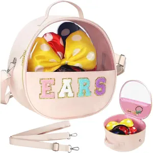 Translucent Mouse Ears Travel Case, Chenille Letter Headband Ears Holder Waterproof Hair Accessories Organizer Storage for Women Adults Gift Large Thicken Snack Bag for Park Travel Pastel Interior