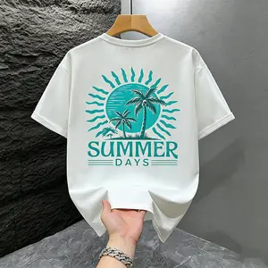 Men'S Short Sleeve T-Shirt, 100%  Fabric, Loose Fit, Printed with English And Palm Tree Designs, Fashion Casual Round Neck Top, Spring Summer Outdoor Men'S Wear, Suitable for 11 Festive Occasions