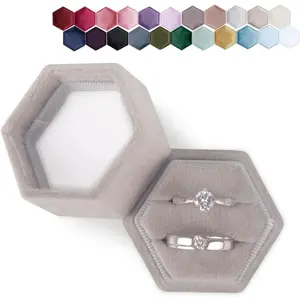 Designster Velvet Ring Box Hexagon - Premium Gorgeous Vintage Double Ring Display Holder with Detachable Lid for Proposal, Engagement, Wedding, Ceremony (Gray) DesignSter