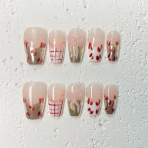 [Sweet Ribbon] Medium Coffin Handmade Press on Nails, Fake Nails with Nail tool kit with Jelly Stickers, Reusable, Durable