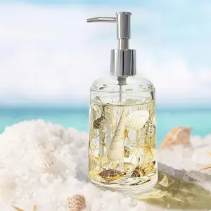 Soap Dispenser with Pump Acrylic w/Nature Seashell Hand Soap Dispenser, Refillable Liquid Dispenser for Soap,Dish Soap, (Milkly White)