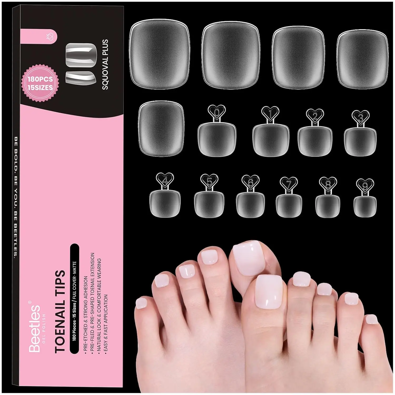 beetles Gel Polish Press On Toenails Set - 180 Pcs 15 Sizes Pre-Etched Full Cover Tips for Wider Big Toes, Double Matte Square Extensions for Home DIY Selfcare, Easy Nail Art Gel Nails at Home