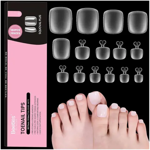 Beetles Pre-Etched Square Fake Toenails - 180 Pcs, 15 Sizes, Double Matte Finish, Wide Big Toe Fit, Fashion Unisex, Glue-Applied, Long-Lasting, At-Home Nail Art Supply, Toe Press On Nails