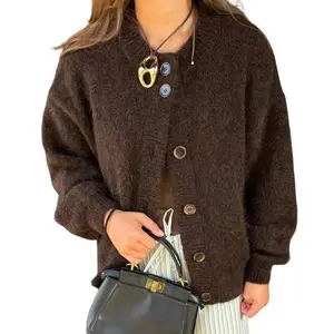 Women’s Premium Vintage Brown Cardigan Sweater, 2025 New Arrival – Thick, Soft, Cozy Open-Front Knit, Elegant Solid Color V-Neck Chunky Cardigan