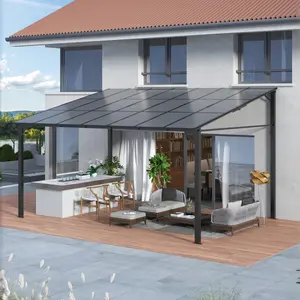 【GARVEE】12'x14' Lean To Gazebo Hardtop Wall Pergola with Polycarbonate Roof for Lawn Patio Deck and Party Space Efficient Aluminum Frame Grey