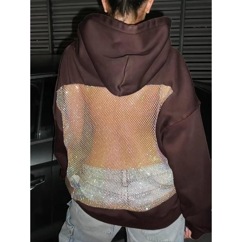 Women's Black Hoodie Open Back Mesh Cutout Edgy Streetwear Casual Party Night Comfortable Relaxed Fit Fashion Trendy Chic Top Sweatshirts Long Sleeve Floral Womenswear