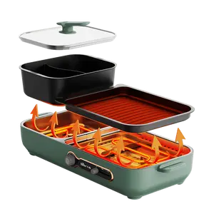 Bear Electric Grill Pan & Hot Pot Combo, 2-in-1 Indoor BBQ Grill and Shabu Shabu Pot, Non-stick Griddle for Steak, Fish, Vegetables, 3.4L Capacity, DKL-C16C2