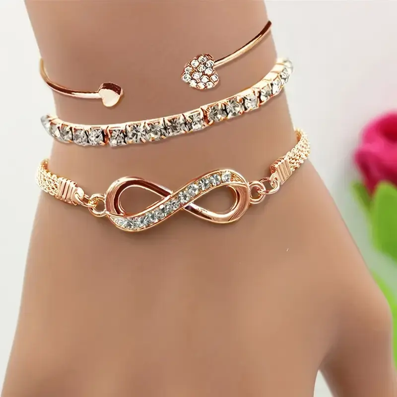 LUX-JEWEL - 3pcs/Set Vintage Crystal Rhinestone Heart Bracelets for Women Fashion Geometric Adjustable Infinity Cuff Bangle Jewelry Gifts
