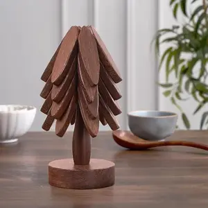 Home Kitchen Essential Heat Insulation Mats Classic Tree Design Wooden Trivet Collection Equipped With Storage Rack, Wear-resistant Sturdy Structure Easy To Store And Clean For Family Daily Meal Use#WoodenTrivet #KitchenCoaster #HeatResistantMat