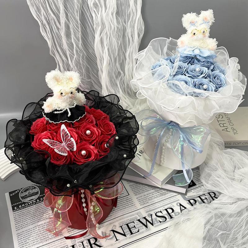 Artificial Rose Soap Flower Bouquet, 1 Count Romantic Lace Faux Rose Flower Bouquet, Gift for Women, Birthday Gift, Party Decoration