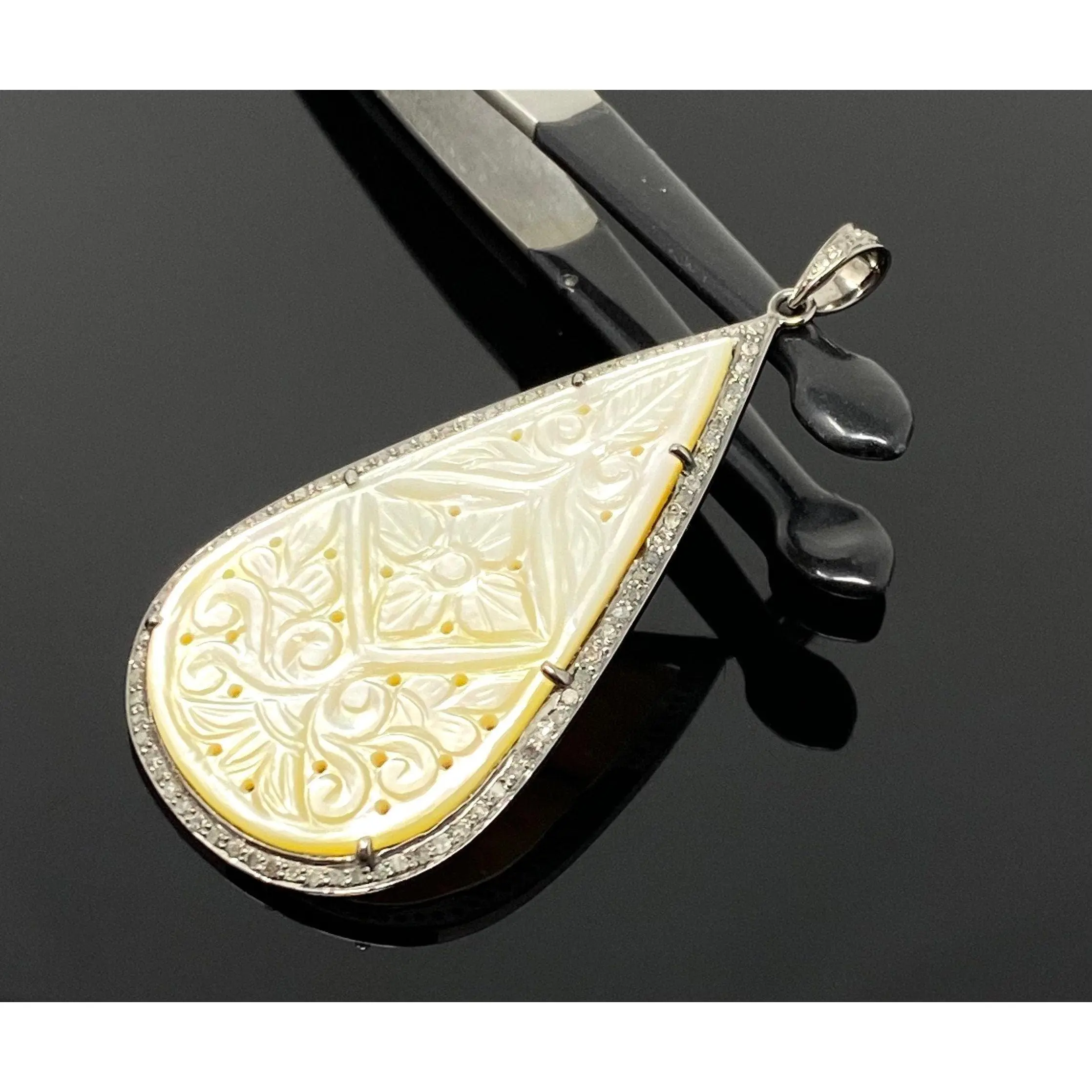 Mother of Pearl Pave Diamond Pendant, Natural Gemstone Pendant, Nacre Pendant, Sterling Silver Jewelry Gifts for Her, 2.5”x1.25”