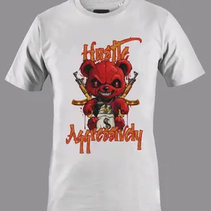 Big Ballers Brand LLC Hustle Aggressively Bear Graphic White T-shirt for Men - Perfect for Summer, Spring and Fall