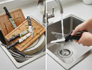 Multifunctional kitchen scissors, 2-in-1 stainless steel blade tool with plastic board, safety lock, and rubber handle — suitable for cutting meat, cheese, and fruit — convenient dual-use kitchen knife, Father’s Day gift