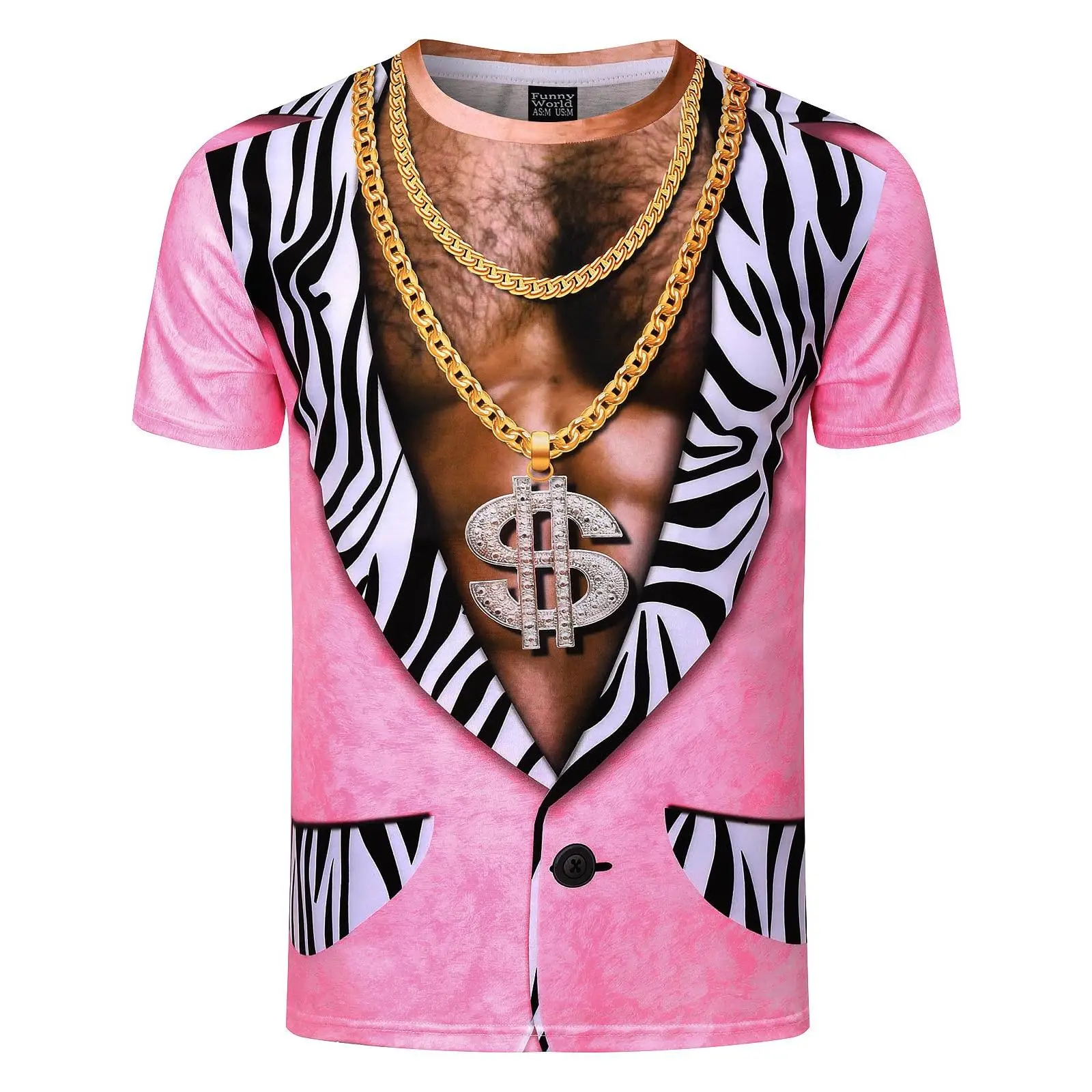 Women's Short-Sleeve Casual T-Shirt - Breathable Fabric Pink Zebra Print Top with Gold Chain & Diamond Dollar Sign, Relaxed Cut Complete Sizes Unisex Hip-Hop Streetwear for Party, Festival Wear, Tops, Shortsleeve, Full Body Print, All Over Print