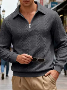 Spring Autumn Young Men's Jacquard Lapel Knit Jacket, Casual Half-Zip Long Sleeve Sweatshirt, Trendy Fashion Outerwear for Daily Wear