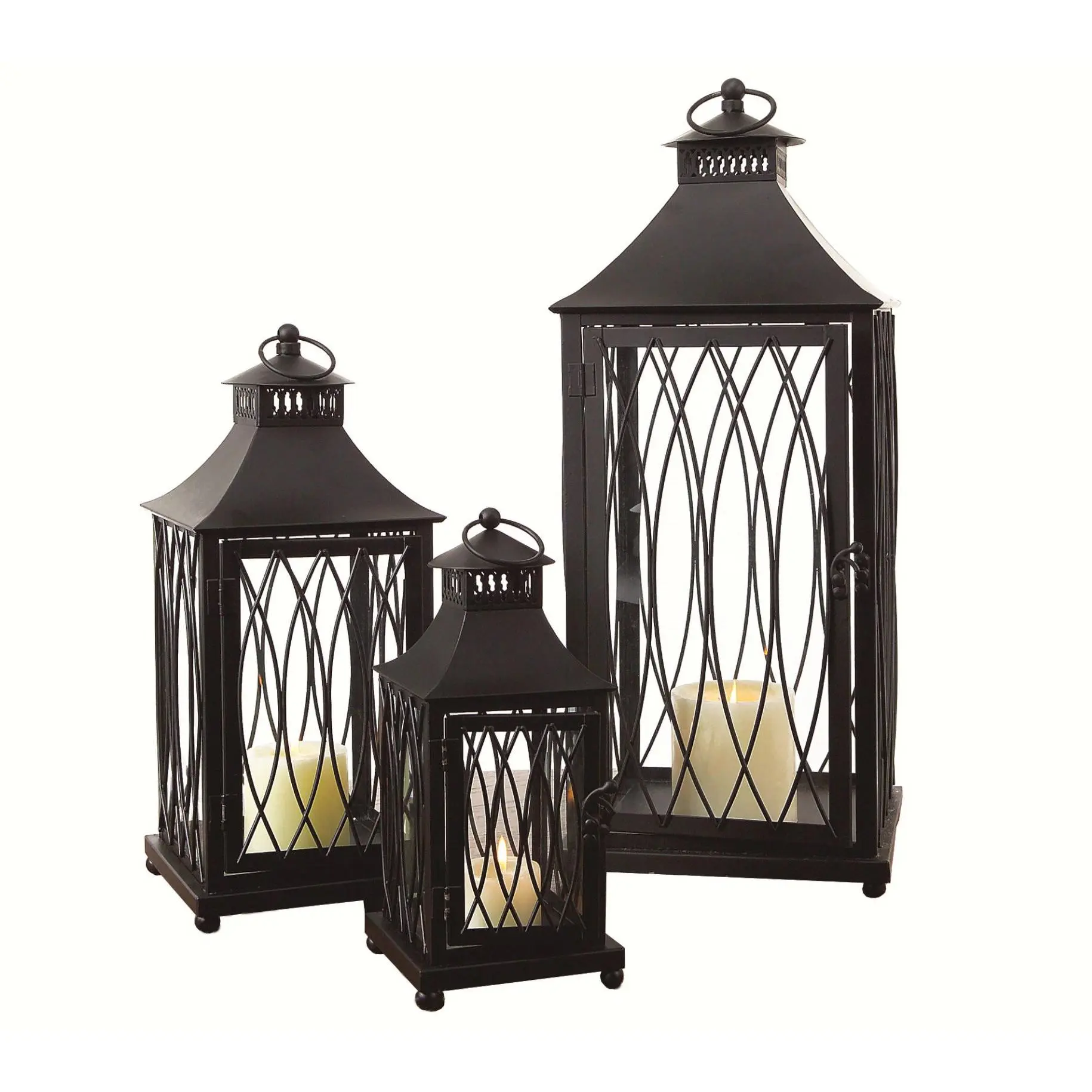 Melrose Ornate Black Metal Lantern (Set of 3)
