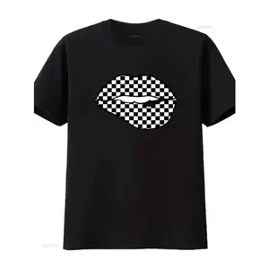 Checkerboard Lips Graphic Tee Unisex Top Vintage Streetwear Aesthetic Oversized Short Sleeve Crewneck Soft Cotton Casual Summer Outfit Going Out Gift