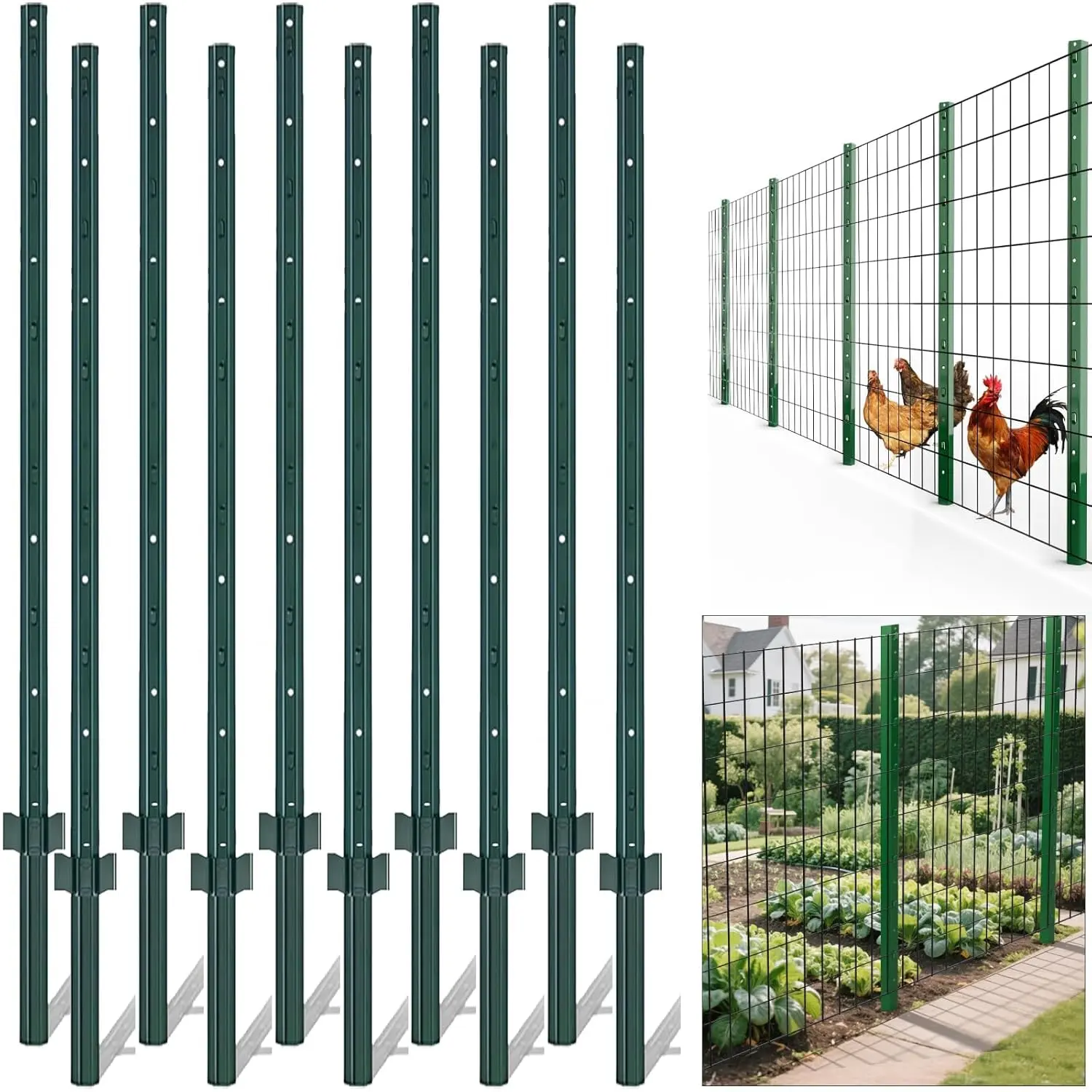 GARVEE 4-Foot Metal Fence Posts Pack of 10 - Durable U-Shaped Fence Poles for Garden and Yard, Heavy Duty Step-In Stakes, No Dig Installation