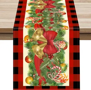 Christmas Linen Checkered Table Runner - Red Buffalo Plaid Bell Winter Xmas Table Decoration for Dining/Parties/Holiday Decor, 13 x 72 Inch