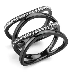 212 MAIN Women's Stackable IP Light Black Stainless Steel Elegant Rhinestone Ring, Size 8, with Top-Grade Accents, Fashion Ring, Stackable Ring