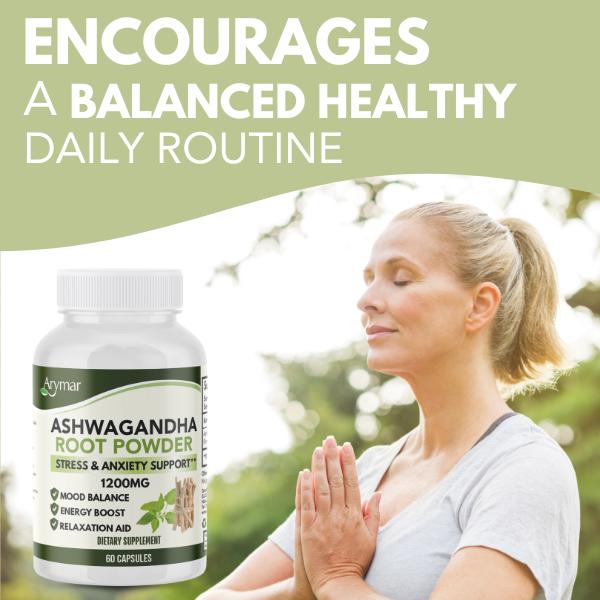 Arymar Organic Ashwagandha Root Powder 60 Vegan Capsules 1200mg Adaptogen for Stress Energy Balance Mood Support