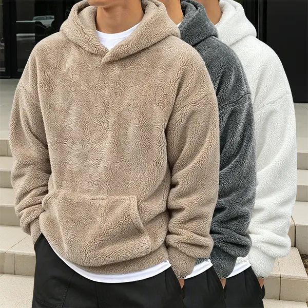Men’s 3-piece set Polar Fleece fleece sweatshirt, winter thickened warm hooded pullover, loose fit, casual long-sleeve everyday wear
