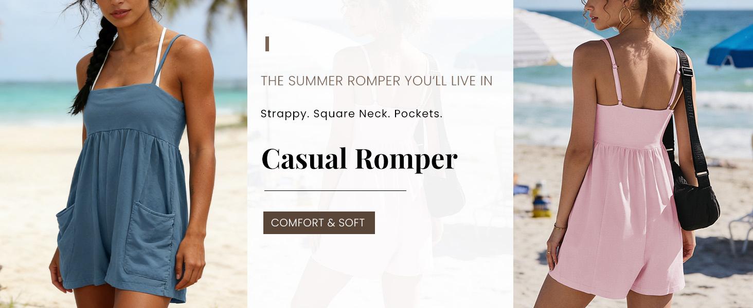 Women's Summer Strappy Romper Square Casual Oversized Workout Athletic Romper Neck Backless Cotton Overalls 95%Cotton Spaghetti Strap Sleeveless One Piece Jumpsuit with Pockets Y2K Beach Vacation Outfit 2026 summerwins