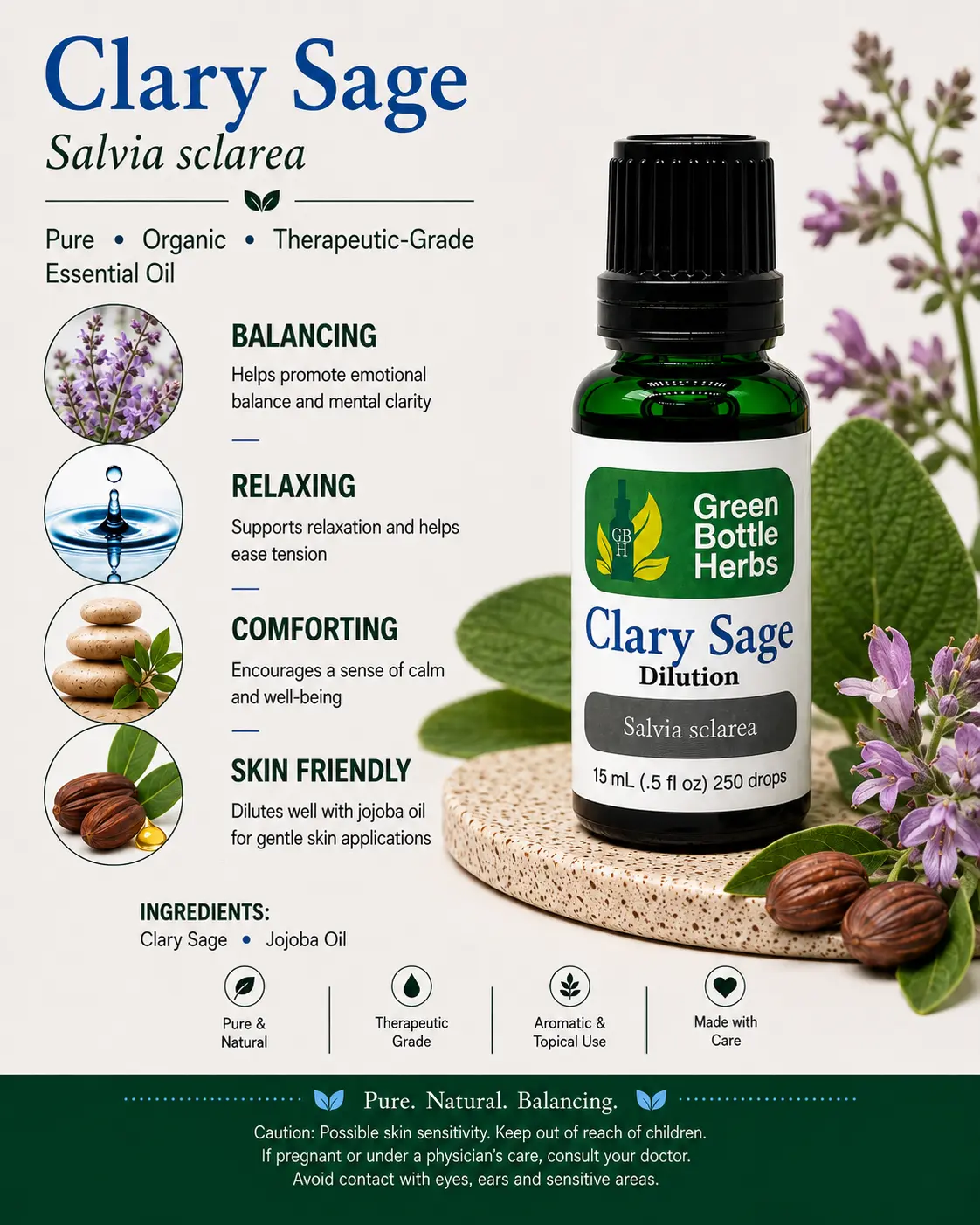 Organic Clary Sage Essential Oil - Botanical Wellness Solution for Stress Relief, Warm Aromatherapy, Safe Dilution, and Peace of Mind Therapeutic Practices