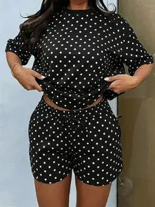 Summer Fashion Polka Dot Print Loose Fit Round Neck T-Shirt + Elastic Waist Wide Leg Shorts Set, Casual Sporty Two-Piece