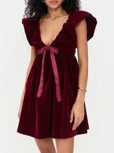 YYTK2025DEC089A Women's Velvet Satin Bow Mini Dress， V-Neck Bow Velvet Dress, Autumn Winter New Party Gown, High-Quality Birthday Gift, Elegant Robe
