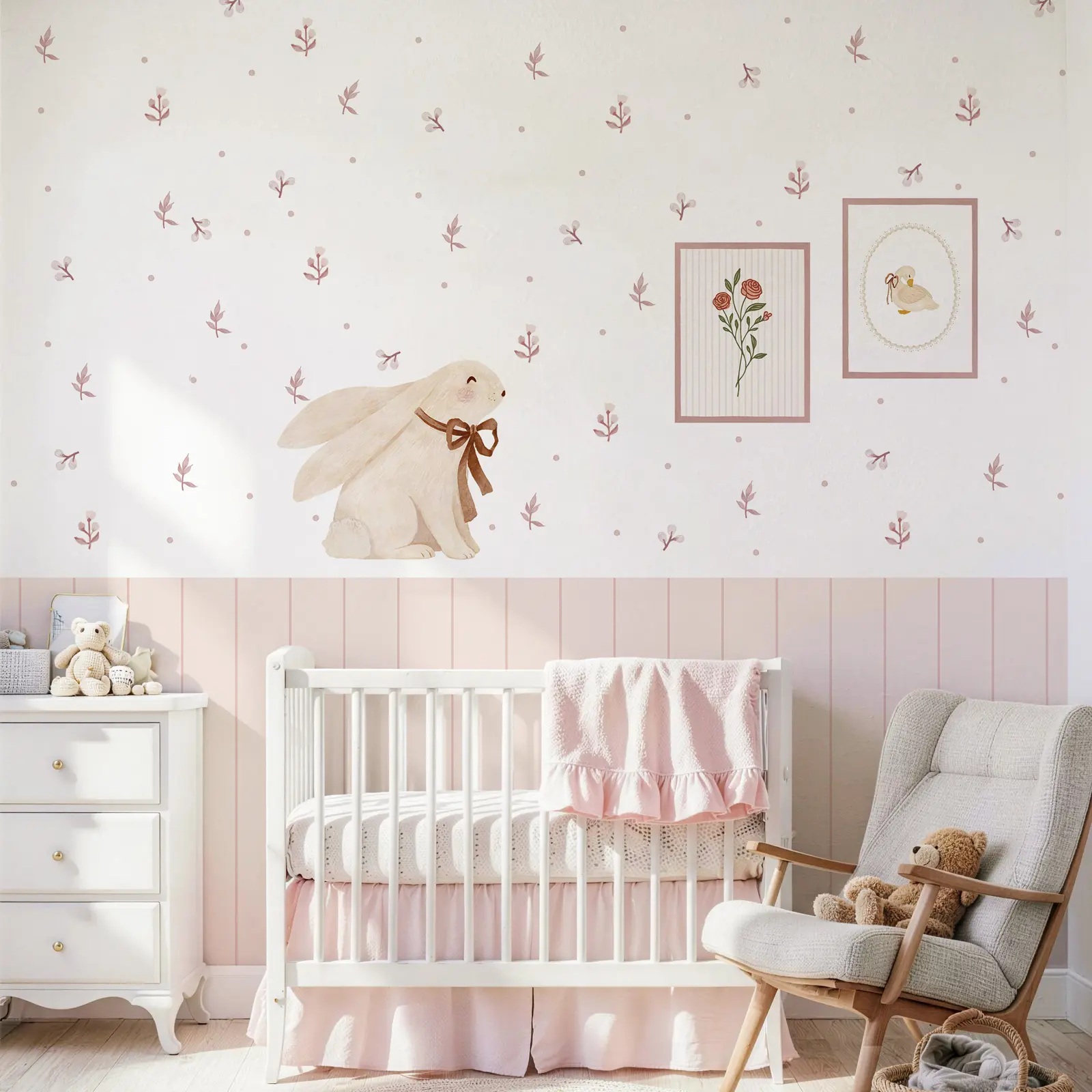 Pink Floral Wall Decals Peel and Stick Wallpaper Set, Nursery Wall Stickers with Wainscoting Border, Removable Self Adhesive Flower Leaf Wall Decor for Bedroom Playroom Living Room
