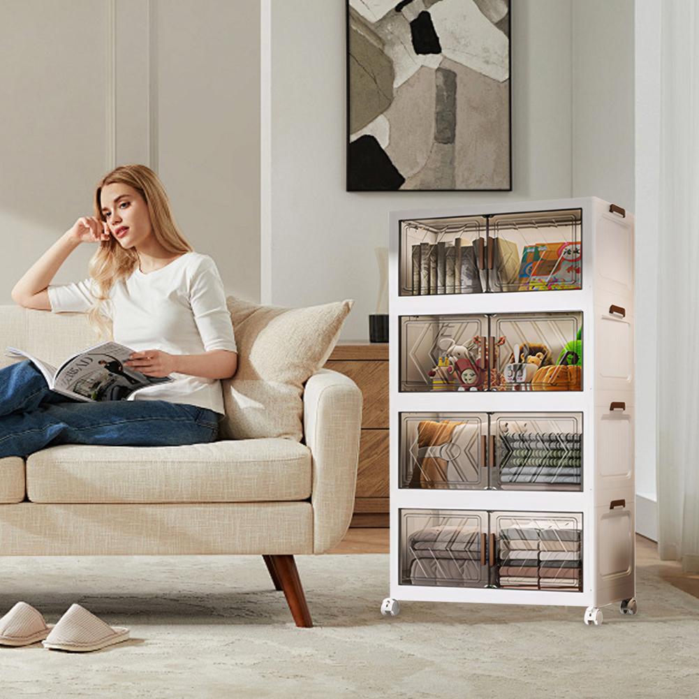 4 Tier Collapsible Storage Bins with Doors & Wheels Stackable Closet Organizers (Clear White)