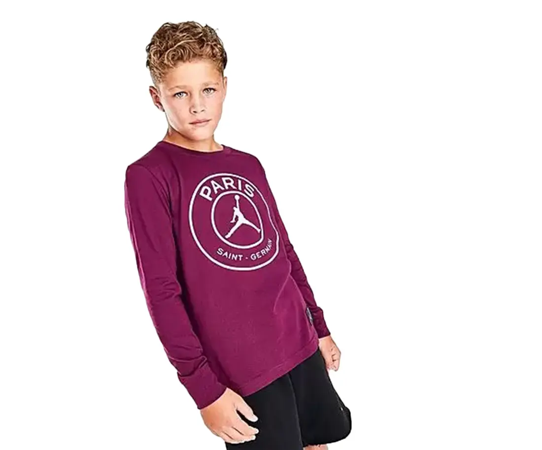 Jordan x Paris Saint-Germain Boys' Long Sleeve Active Tee, Mirror Logo Graphic, Athletic Sportswear, Long Sleeve Tee