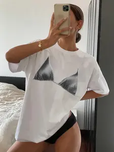 Women's Bikini Print Round Neck Tee, Casual Short Sleeve Crew Neck T-shirt for Daily Wear, Ladies Clothes for All Seasons, Top