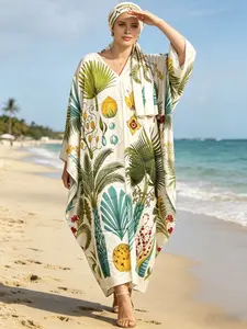Essential fashionable beige tropical print long robe dress cardigan coverall (two-piece set) for summer 2026, women's fashionable scarf and shawl set, women's swimwear paired with fashionable accessories, bikini swimsuit shirt beach skirt/American