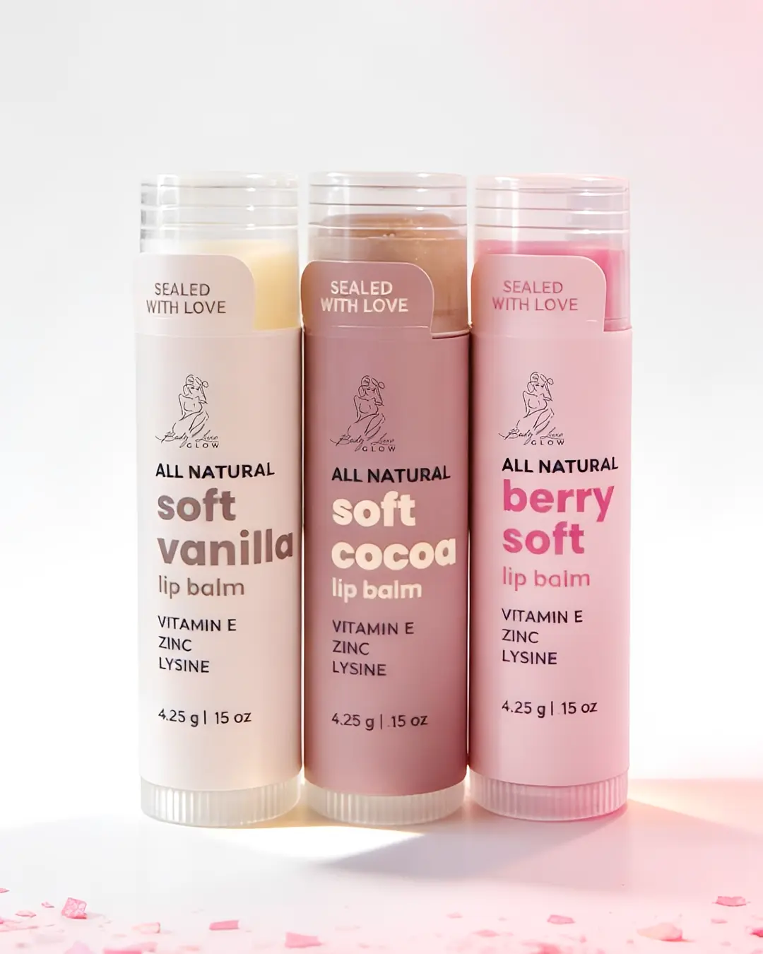 Sundae Trio Lip Balm: Berry Soft + Soft Vanilla + Soft Cocoa with Vitamin E, Zinc & Lysine (1 Berry + 1 Vanilla + 1 Cocoa Pack) – All Natural Hydrating Balm