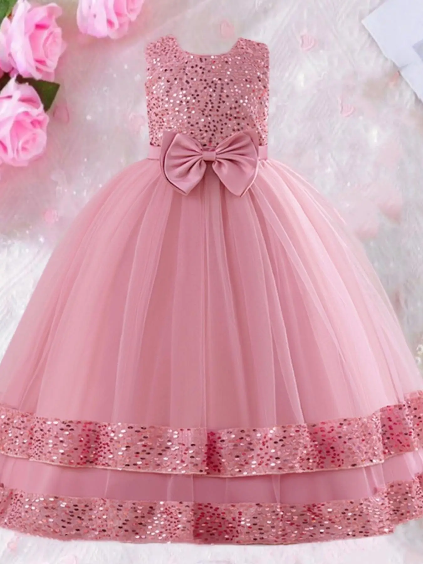 Girl's Contrast Sequin Bow Decor Tiered Layer Tulle Fit and Flare Dress, Elegant Sleeveless Zipper Back Satin Party Dress for Evening Party Formal Occ