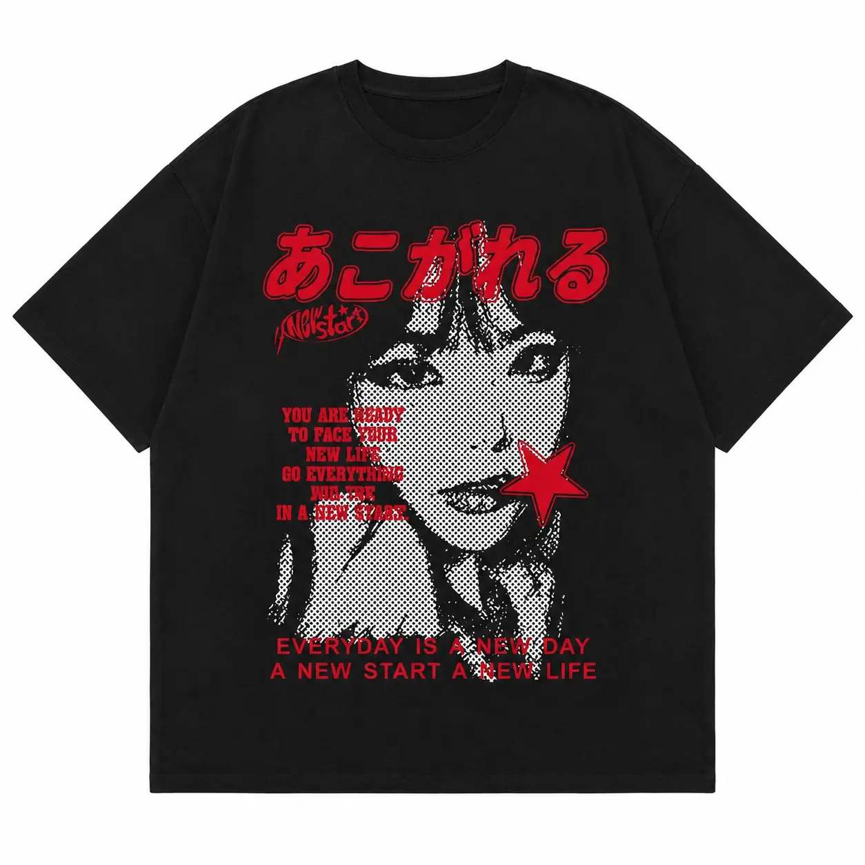 Acid Wash Black Japanese Kanji Red Star Girl Portrait Oversized Tee, Y2K Halftone Figure Letter Graphic Unisex Cotton T-Shirt, Distressed Loose Fit Grunge Streetwear Short Sleeve Top, Everyday Summer Casual Aesthetic Outfit For Men Women