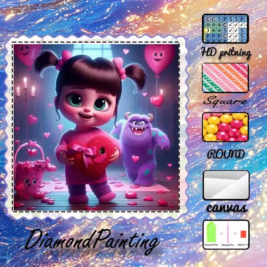 5D-DIY, velvet canvas, diamond art, Diamond Pattern Design, diamond painting kit, cartoon, monster, heart-shaped balloon, Square, AB diamonds, fairy dust diamonds, home decoration, handmade diamond art painting kit, special craft diamond art kit