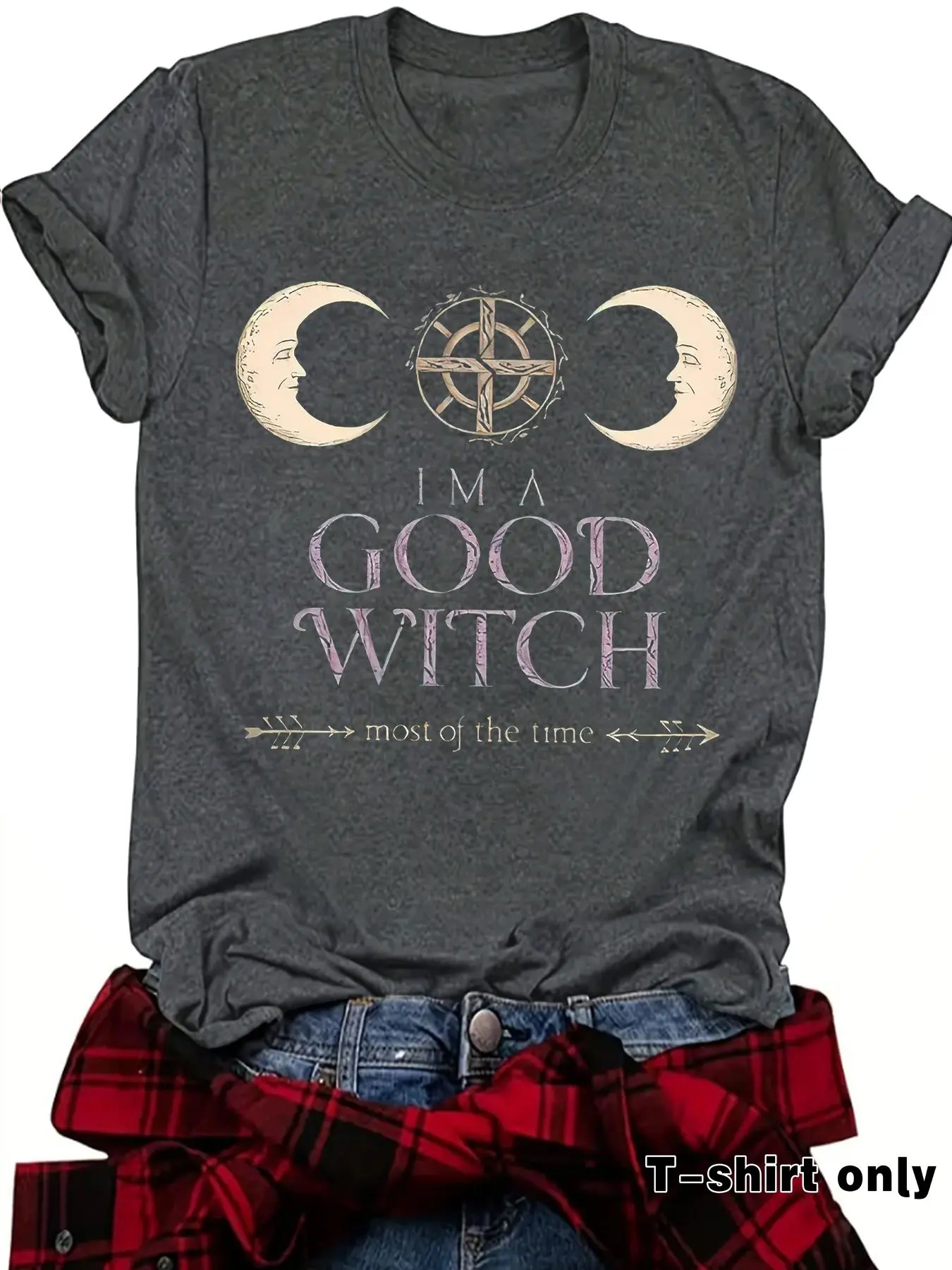 Women's Moon & Witch Print Round Neck Tee, Casual Short Sleeve Fitted Crew Neck T-Shirt for Summer, Fashion Women's Top for Daily Wear, Bohemian Casual Trendy Chic, Womenswear