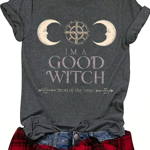 Women's Moon & Witch Print Round Neck Tee, Casual Short Sleeve Crew Neck T-Shirt for Summer, Fashion Women's Top for Daily Wear