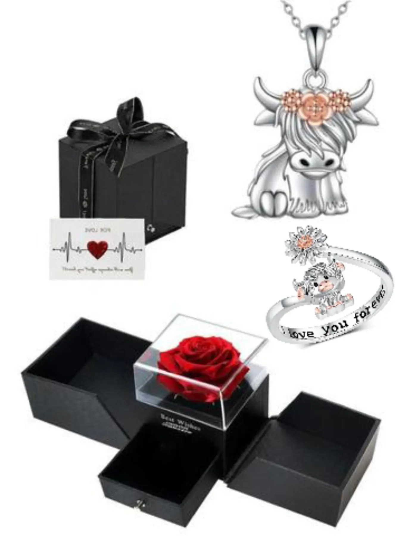 Highland Cow Elegant Western Jewelry Set with Eternal Rose Box, Silver Color Pendant Necklace, Adjustable Ring, Cute Animal Gift for Mom, Girlfriend, Wife