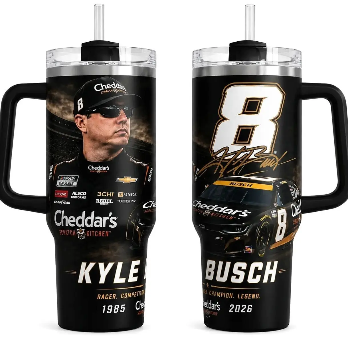 Insulated 40oz Kyle Busch Number 8 Racing Tumbler, Black Gold Stock Car Fan Cup, Race Driver Tribute Drinkware, Garage Race Day Gift For Dad Men