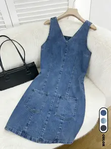 Women's Loose Fit Multi-Pocket Denim Dress, Casual Plain Design, Summer Versatile Daily Wear, Perfect for Commuting & Dates